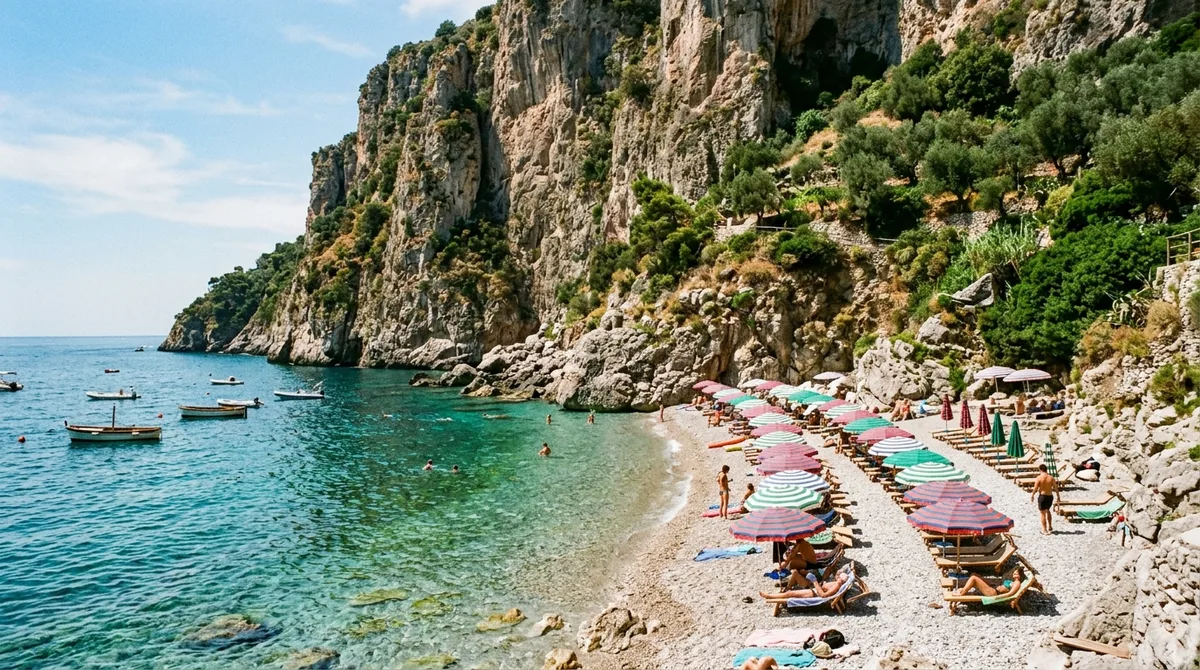 Pebble cove of Spiaggia del Duoglio near Amalfi with crystal turquoise water, beach umbrellas, and limestone cliffs