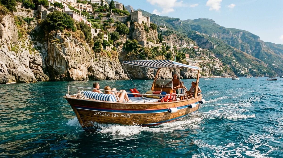 Classic Italian wooden gozzo boat cruising along the vertical limestone cliffs of the Amalfi Coast