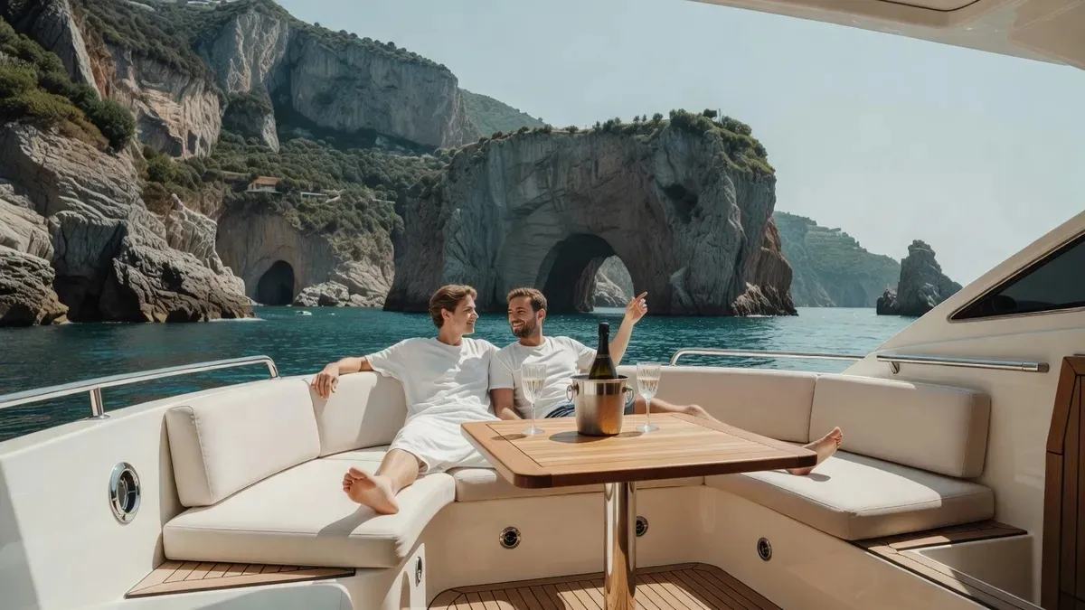 Dramatic limestone sea stacks of the Faraglioni rising from azure waters off the island of Capri
