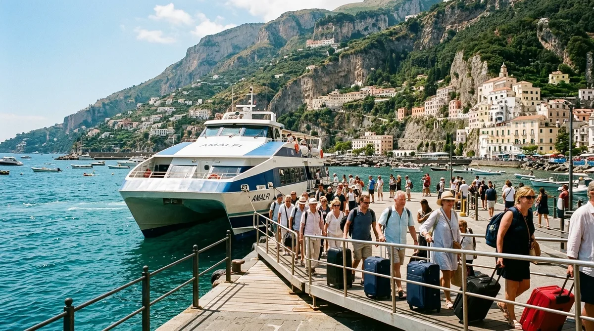 High-speed passenger ferry arriving at Amalfi pier with passengers disembarking under towering coastal cliffs