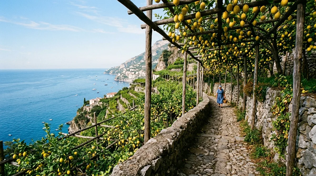 Rustic stone pathway of the Path of the Lemons winding through terraced lemon groves on cliffside between Minori and Maiori